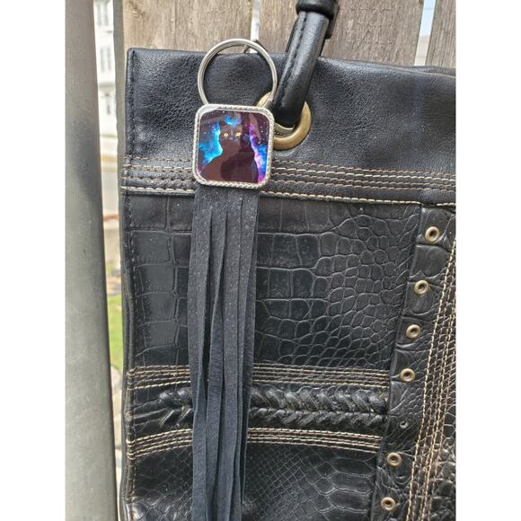 Handmade spooky cat boho Leather Fringe Western bag charm, Long fringe keychain - Picture 5 of 5